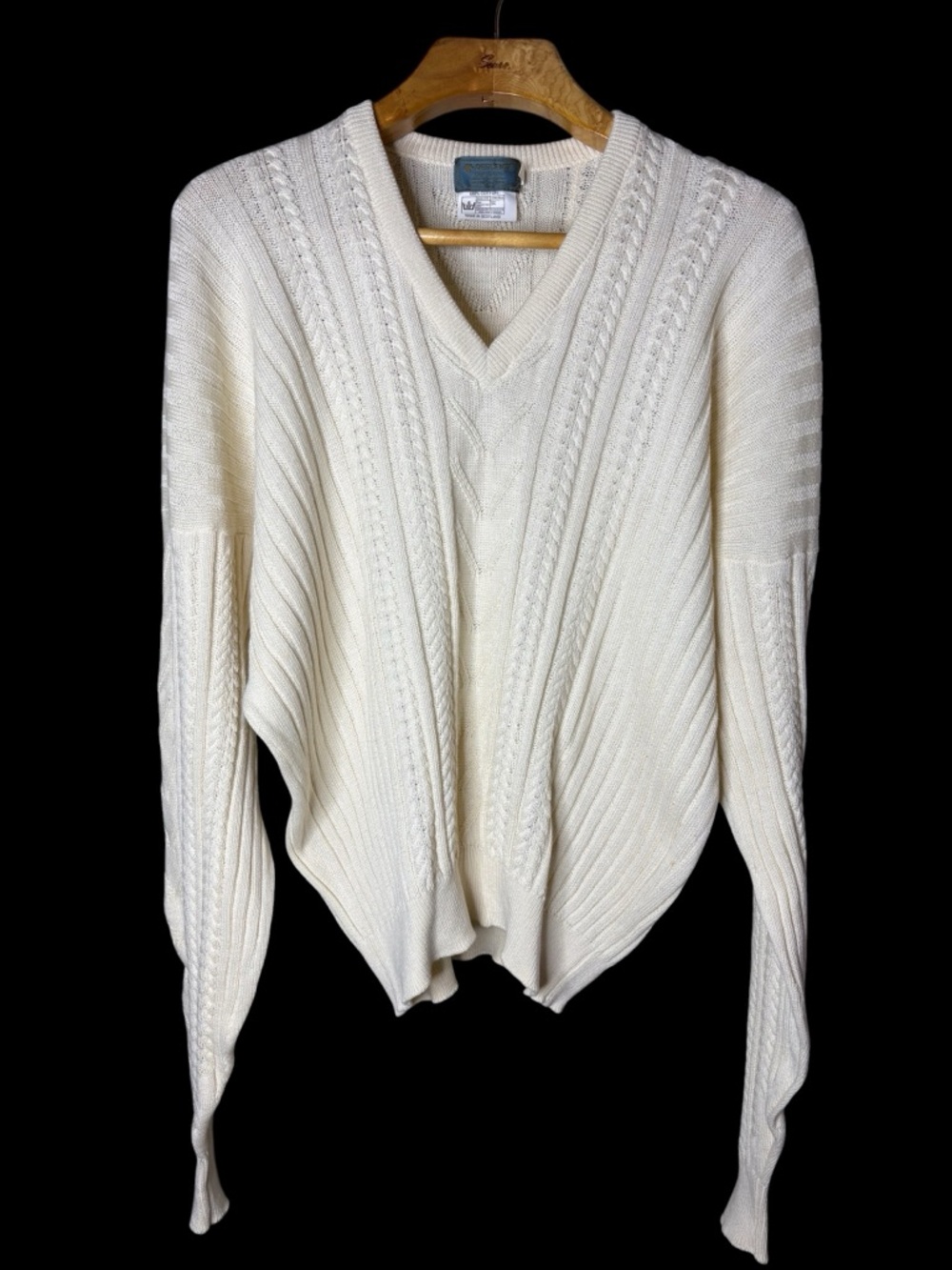 Descente Mens Solid Cream Cotton V Neck Sweater Size XL Cable Knit Classic Layer